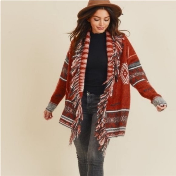 Rust Tribal Print Fringe Cardigan Sweater Fall Winter - Picture 8 of 8